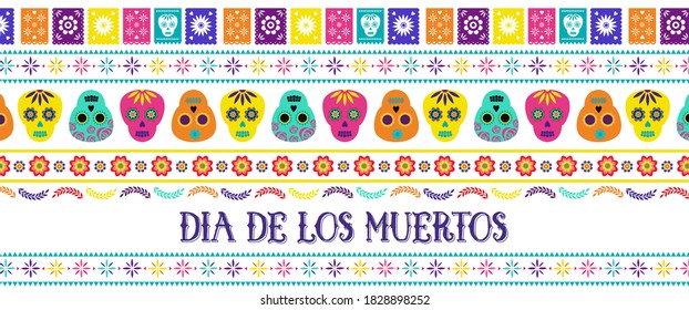 Day of the dead, Dia de los muertos, banner with traditional colorful Mexican icons. Fiesta, holiday poster, party flyer, funny greeting card. Horizontal web banner