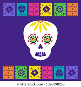 Day of the dead, Dia de los muertos, banner with traditional colorful Mexican icons. Fiesta, holiday poster, party flyer, funny greeting card. Horizontal web banner