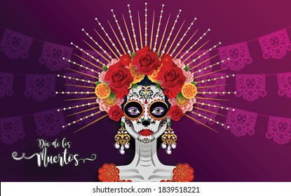 Día de los muertos, Dia de los muertos, cráneo de azúcar con flores de oro de mariscos corona en papel color negro Fondo.