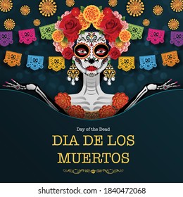 Day of the dead, Dia de los muertos, sugar skull with marigold flowers wreath on paper black color Background.