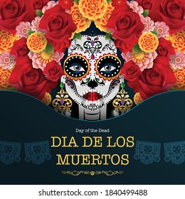 Día de los muertos, Dia de los muertos, cráneo de azúcar con flores de oro de mariscos corona en papel color negro Fondo.