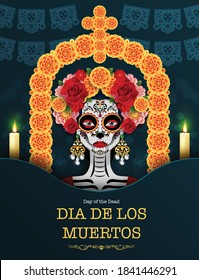 Day of the dead, Dia de los muertos, sugar skull with marigold flowers wreath on paper black color Background.