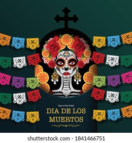 Day of the dead, Dia de los muertos, sugar skull with marigold flowers wreath on paper black color Background.
