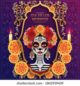 Día de los muertos, Dia de los muertos, cráneo de azúcar con flores de oro de mariscos corona en papel color negro Fondo. (Traducción al español: Día de los muertos ) 