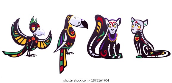 Day of the dead, Dia de los muertos, parrot, toucan, lemur, cat skulls and skeleton decorated with colorful Mexican elements and flowers. Fiesta, Halloween holiday party, Cartoon vector illustration