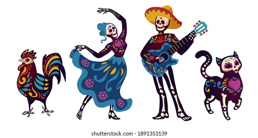 Day of the dead, Dia de los muertos characters dancing Catrina or mariachi musician, cat and cock skeletons decorated with Mexican elements. Halloween holiday party, fest, Cartoon vector illustration