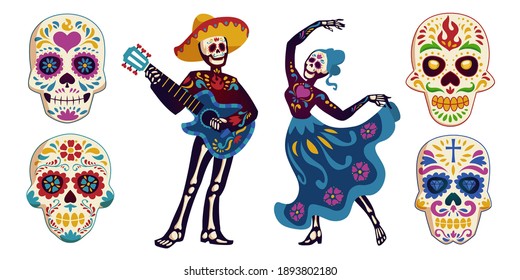 Día de los muertos, personajes de Dia de los muertos bailando Catrina o esqueletos de músicos de mariachi y cráneos del azúcar decorados con elementos mexicanos. Festividad de Halloween, ilustración vectorial de caricatura