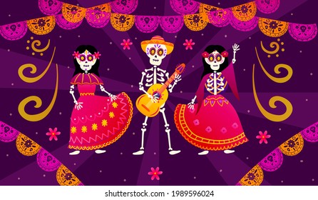 Day of the dead or dia de los muertos with dancing skeletons and playing the guitar, colourful paper garland