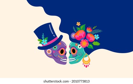 Day of the dead, Dia de los muertos with in love couple, Mexican wedding concept, woman and man skulls , banner with colorful Mexican flowers. Fiesta, Halloween holiday poster, party flyer, funny