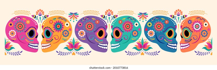 Day of the dead, Dia de los muertos, banner with colorful Mexican flowers. Fiesta, Halloween holiday poster, party flyer, funny greeting card