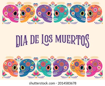 Day of the dead, Dia de los muertos, banner with colorful Mexican flowers. Fiesta, Halloween holiday poster, party flyer, funny greeting card