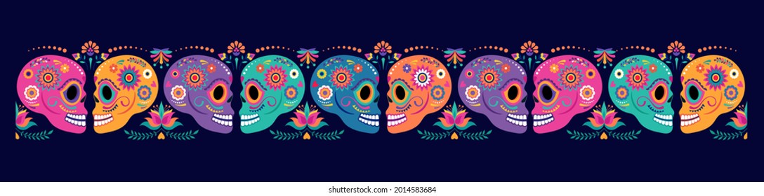 Day of the dead, Dia de los muertos, banner with colorful Mexican flowers. Fiesta, Halloween holiday poster, party flyer, funny greeting card