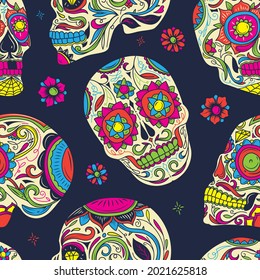 Day of The Dead Dia de los muertos colorful sugar skull with floral ornament and flower seamless pattern. Good for textile