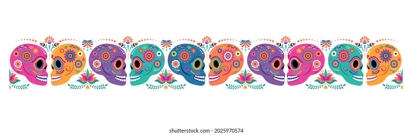 Day of the dead, Dia de los muertos, banner with colorful Mexican flowers. Fiesta, Halloween holiday poster, party flyer, funny greeting card