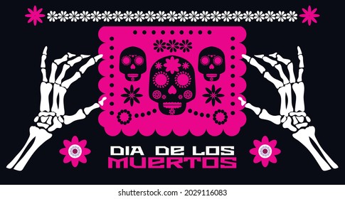 Day of the Dead,  Dia de los Muertos  mexican Halloween tradition festival web-banner, poster with Calavera la Catrina, sugar  skulls,  garland paper picado cutting flags, and  marigold flowers Vector