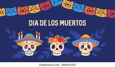 Día de los muertos Día de los Muertos diseño de pancartas navideñas con lindo cráneo puesto. Impresión infantil para tarjetas de felicitación, afiches e invitaciones a fiestas