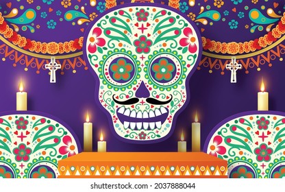 Day of the dead, Dia de los muertos 3d podium round, square stage with paper cut art elements craft style on background.