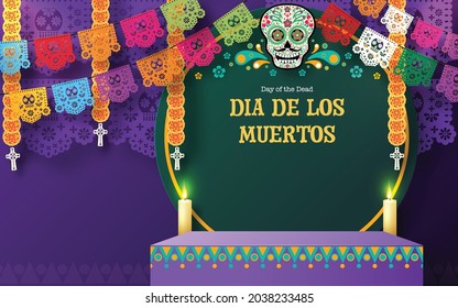 Día de los muertos, Dia de los muertos 3d podio, escenario cuadrado con elementos de papel cortado elementos de arte artesanal estilo en el fondo.