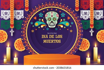 Día de los muertos, Dia de los muertos 3d podio, escenario cuadrado con elementos de papel cortado elementos de arte artesanal estilo en el fondo.