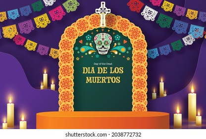 Day of the dead, Dia de los muertos 3d podium round, square stage with paper cut art elements craft style on background.