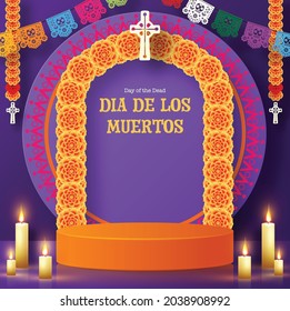 Day of the dead, Dia de los muertos 3d podium round, square stage with paper cut art elements craft style on background.