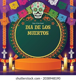 Day of the dead, Dia de los muertos 3d podium round, square stage with paper cut art elements craft style on background.