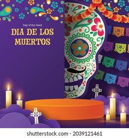 Day of the dead, Dia de los muertos 3d podium round, square stage with paper cut art elements craft style on background.