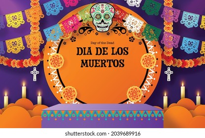 Day of the dead, Dia de los muertos 3d podium round, square stage with paper cut art elements craft style on background.