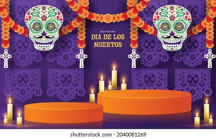 Día de los muertos, Dia de los muertos 3d podio, escenario cuadrado con elementos de papel cortado elementos de arte artesanal estilo en el fondo.