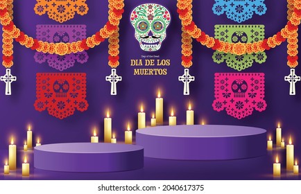 Día de los muertos, Dia de los muertos 3d podio, escenario cuadrado con elementos de papel cortado elementos de arte artesanal estilo en el fondo.