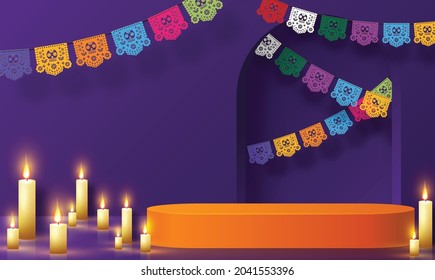 Day Of The Dead, Dia De Los Muertos 3d Podium Round, Square Stage With Paper Cut Art Elements Craft Style On Background.