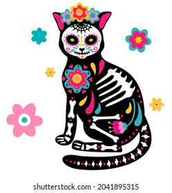 Day of the Dead, Dia de los muertos, animal skull and skeleton decorated with colorful Mexican elements and flowers. Fiesta, Halloween, holiday poster, party. Vector illustration