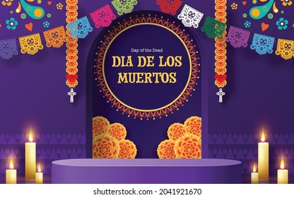 Day of the dead, Dia de los muertos 3d podium round, square stage with paper cut art elements craft style on background.