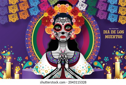 Day of the dead, Dia de los muertos, sugar skull with marigold flowers wreath on paper black color Background.