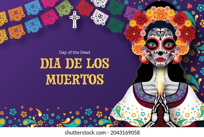 Day of the dead, Dia de los muertos, sugar skull with marigold flowers wreath on paper black color Background.