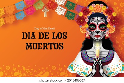 Day of the dead, Dia de los muertos, sugar skull with marigold flowers wreath on paper black color Background.