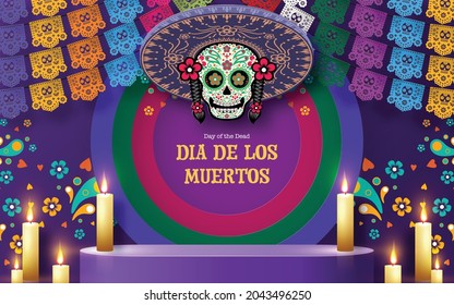 Day of the dead, Dia de los muertos 3d podium round, square stage with paper cut art elements craft style on background.