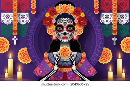 Day of the dead, Dia de los muertos, sugar skull with marigold flowers wreath on paper black color Background.