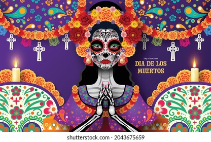 Day of the dead, Dia de los muertos, sugar skull with marigold flowers wreath on paper black color Background.