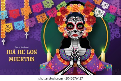 Day of the dead, Dia de los muertos, sugar skull with marigold flowers wreath on paper black color Background.