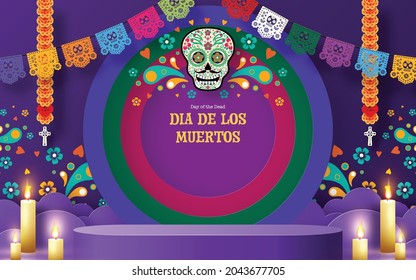 Día de los muertos, Dia de los muertos 3d podio, escenario cuadrado con elementos de papel cortado elementos de arte artesanal estilo en el fondo.