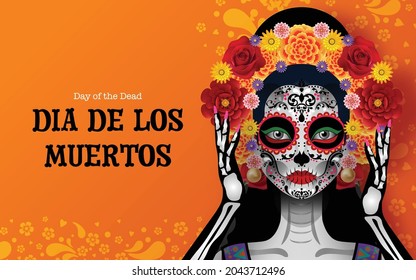 Día de los muertos, Dia de los muertos, cráneo de azúcar con flores de oro de mariscos corona en papel color negro Fondo.