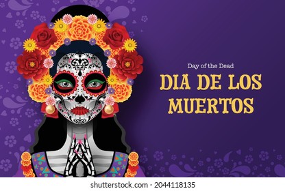 Day of the dead, Dia de los muertos, sugar skull with marigold flowers wreath on paper black color Background.