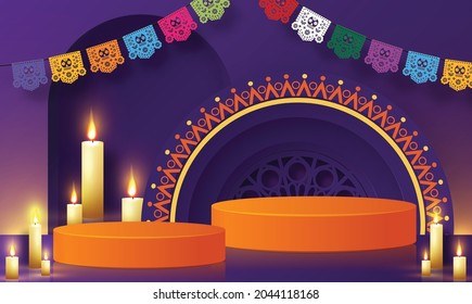 Día de los muertos, Dia de los muertos 3d podio, escenario cuadrado con elementos de papel cortado elementos de arte artesanal estilo en el fondo.