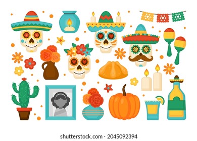 Day of the dead Dia de los Muertos Mexican holiday elements set. Greeting card, poster and banner template design  