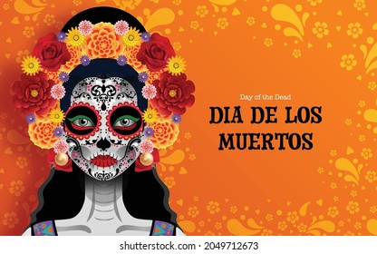 Day of the dead, Dia de los muertos, sugar skull with marigold flowers wreath on paper black color Background.