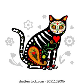 Day of the Dead, Dia de los muertos, animal skull and skeleton decorated with colorful Mexican elements and flowers. Fiesta, Halloween, holiday poster, party. Vector illustration