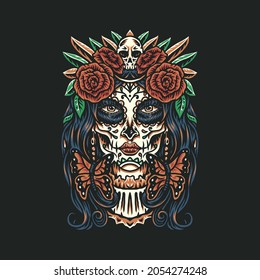 Day of the dead, Dia de los muertos. Girl with makeup - sugar skull with rose flowers, hand drawn line style with digital color, vector illustration