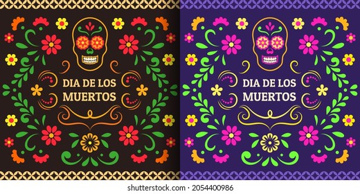 Day of the Dead, Dia de los Muertos. Colorful Mexican cards, posters, banners with flowers and skulls.