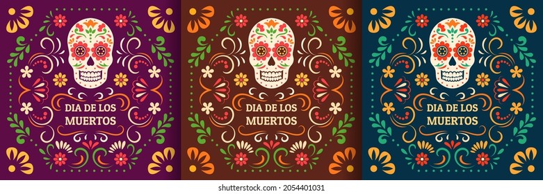 Day of the Dead, Dia de los Muertos. Colorful Mexican cards, posters, banners with flowers and skulls.